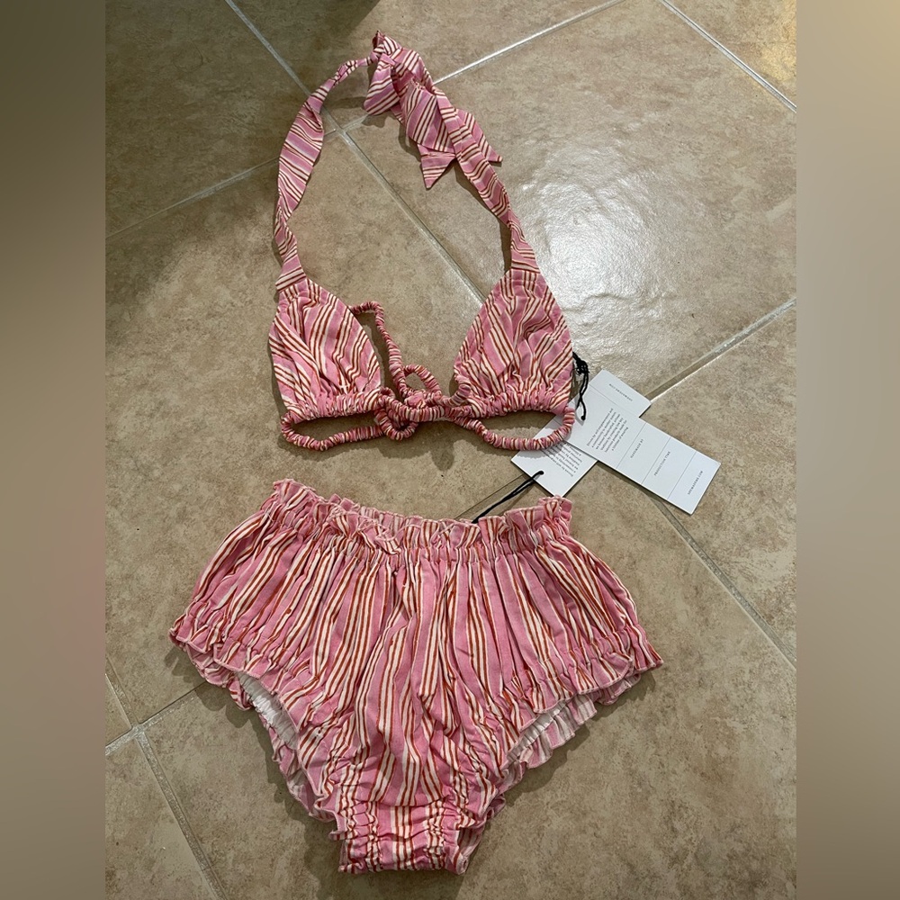 SHE MADE ME Pink Striped Ruffle Bikini Set